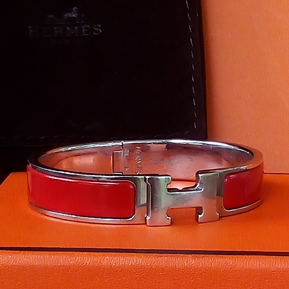 Hermes Click H Red & Silver Gm With Pouch & Box - image 1